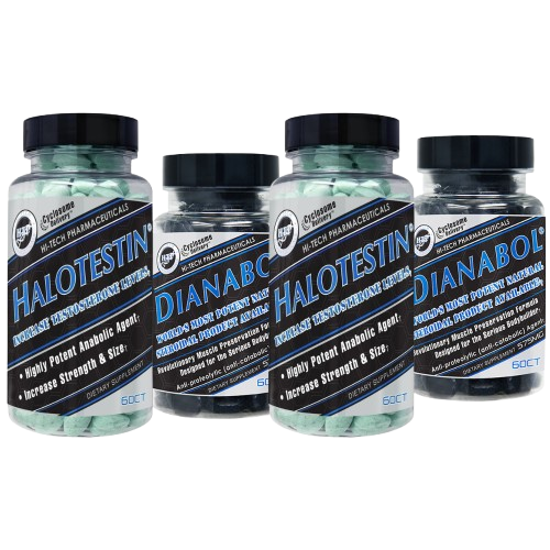 Four bottles of Halotestin and Dianabol on a white background