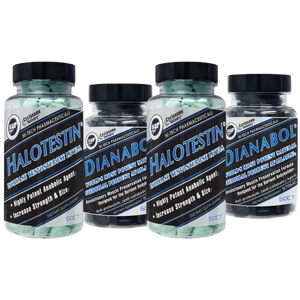 Four bottles of Halotestin and Dianabol on a white background
