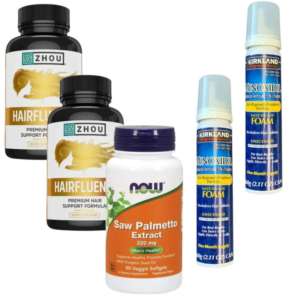 Collection of health and wellness products including hair supplements and aminoxid hair foam on a white background.