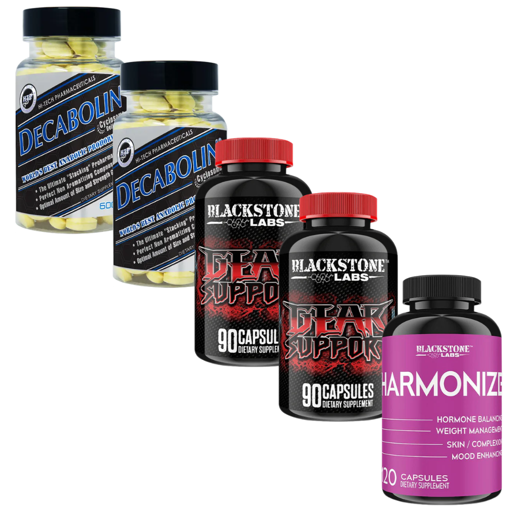 2 bottles of Hi-Tech Decabolin, 2 bottles of Blackstone Labs Gear Support, and 1 bottle of Blackstone Labs Harmonize on a white background