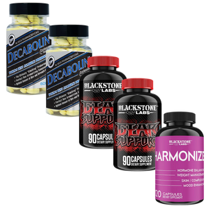 2 bottles of Hi-Tech Decabolin, 2 bottles of Blackstone Labs Gear Support, and 1 bottle of Blackstone Labs Harmonize on a white background