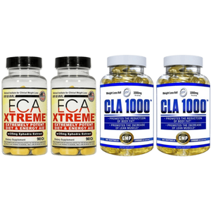 Two supplement bottles labeled ECA Xtreme and two supplement bottles labeled CLA 1000 on a white background