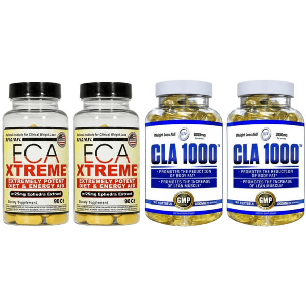 Two supplement bottles labeled ECA Xtreme and two supplement bottles labeled CLA 1000 on a white background