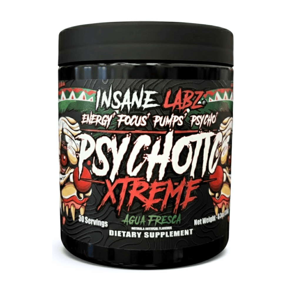 Supplement container labeled 'Psychotic Xtreme' by Insane Labz in the grape flavor on a white background