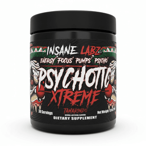 Supplement container labeled 'Insane Labz Psychotic Xtreme' on a white background
