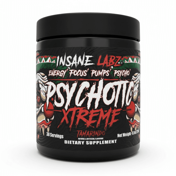 Supplement container labeled 'Insane Labz Psychotic Xtreme' on a white background