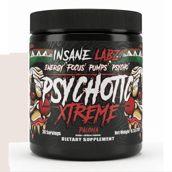 Black supplement container labeled 'Psychotic Extreme' by Insane Labz on a white background