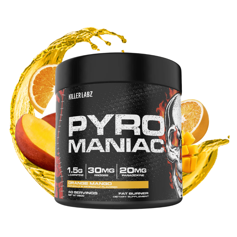 Supplement container labeled 'Pyro Maniac' with strawberry and watermelon graphics on a white background