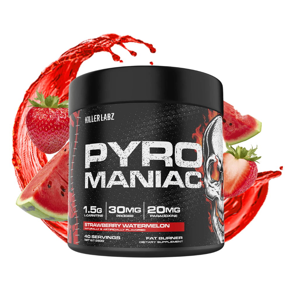 Supplement container labeled 'Pyro Maniac' with strawberry and watermelon graphics on a white background