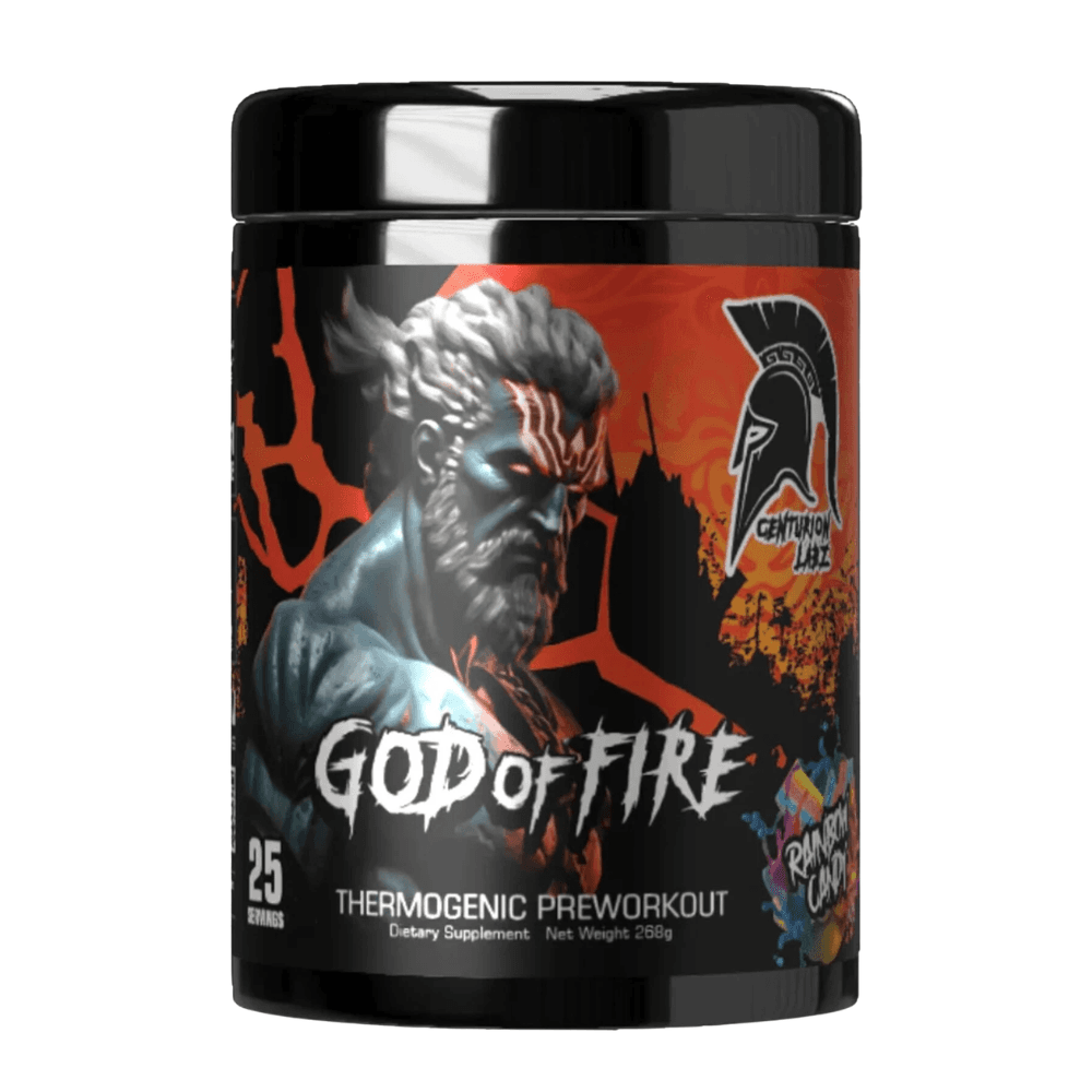 Supplement container labeled 'God of Fire' with warrior design on a white background