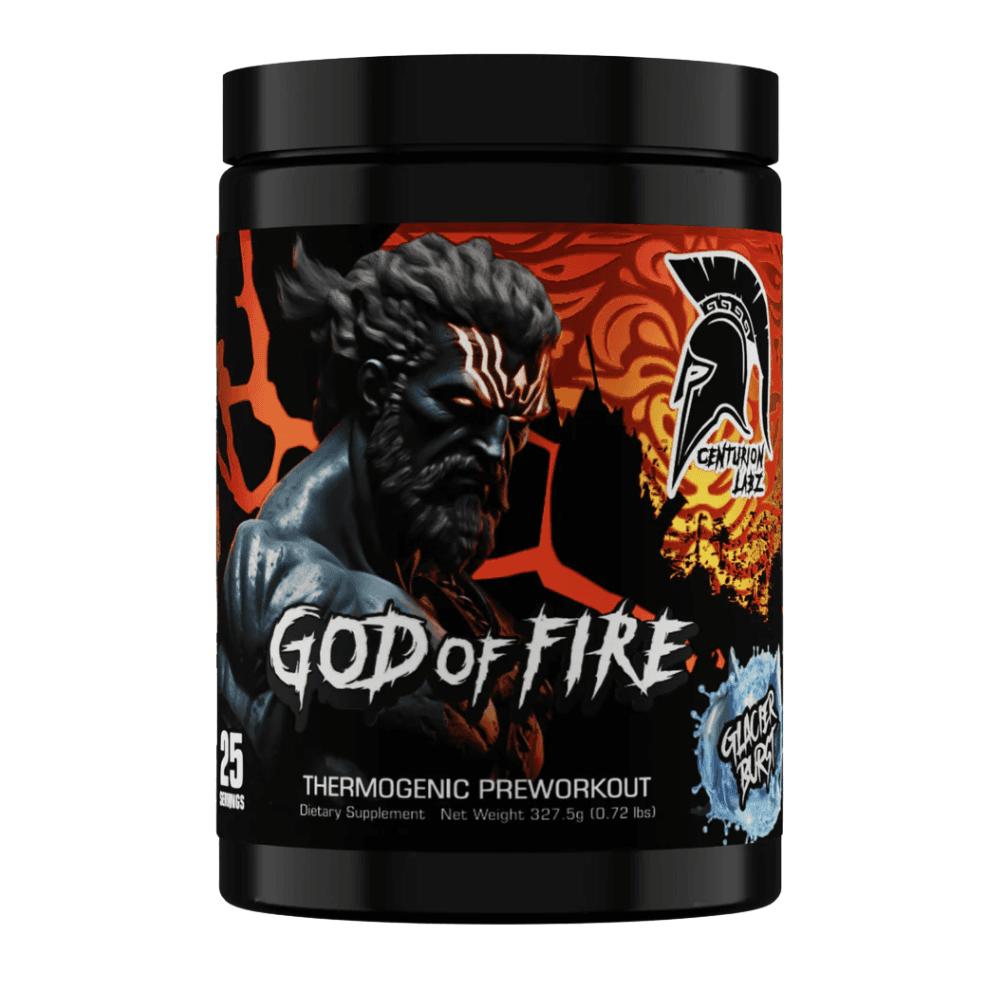 Supplement container labeled 'God of Fire' with warrior design on a white background