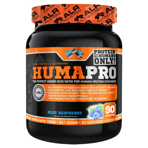 ALRI (ALR Industries) Humapro 90 Servings in the blue raspberry flavor on a white background.