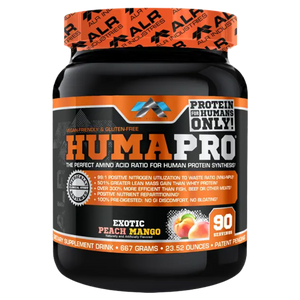 ALRI (ALR Industries) Humapro 90 Servings in the exotic peach mango flavor on a white background.