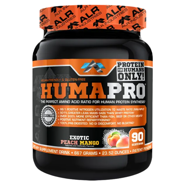 ALRI (ALR Industries) Humapro 90 Servings in the exotic peach mango flavor on a white background.