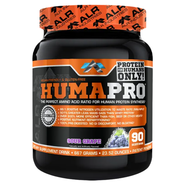 ALRI (ALR Industries) Humapro 90 Servings in the sour grape flavor on a white background.