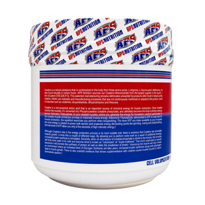 A white plastic tub of AFS Nutrition Creatine with a blue and red label and a patterned white lid, photographed on a clean white background.
