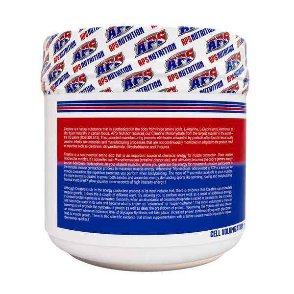 A white plastic tub of AFS Nutrition Creatine with a blue and red label and a patterned white lid, photographed on a clean white background.