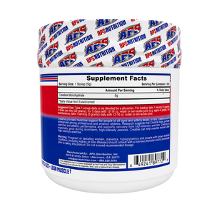 A white plastic tub of APS Nutrition Creatine Monohydrate with a white lid patterned with red and blue logos, showing the back label with Supplement Facts and a red and blue warning panel.