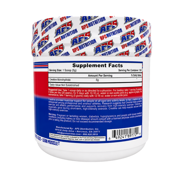 A white plastic tub of APS Nutrition Creatine Monohydrate with a white lid patterned with red and blue logos, showing the back label with Supplement Facts and a red and blue warning panel.