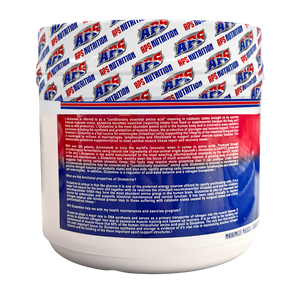 A white plastic tub of APS Nutrition protein powder, showing the back label with red and blue text and a patterned lid with repeated APS Nutrition logos.