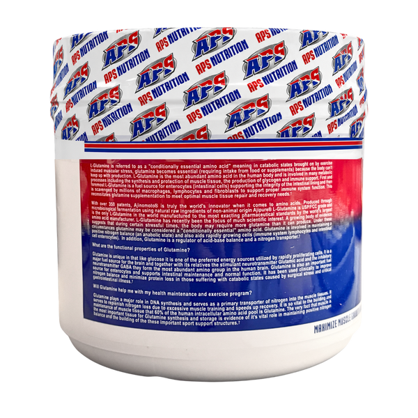 A white plastic tub of APS Nutrition protein powder, showing the back label with red and blue text and a patterned lid with repeated APS Nutrition logos.