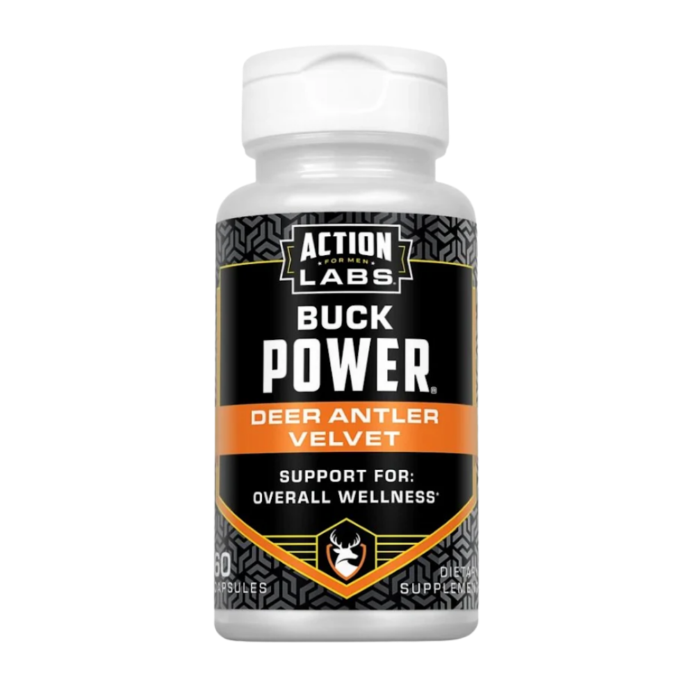 A white plastic bottle of Action Labs Buck Power dietary supplement, featuring a black and orange label with deer antler graphics, on a solid white background.