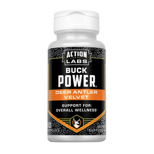 A white plastic bottle of Action Labs Buck Power dietary supplement, featuring a black and orange label with deer antler graphics, on a solid white background.