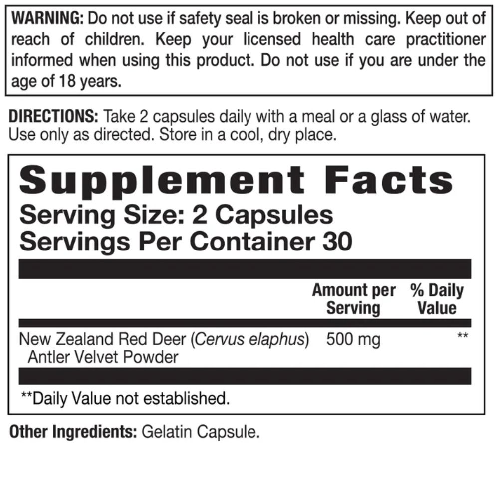 A white plastic bottle of Action Labs Buck Power dietary supplement, featuring a black and orange label with deer antler graphics, on a solid white background.