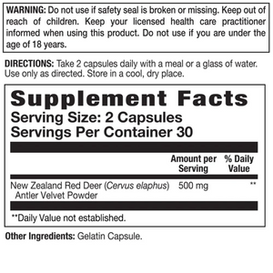 A supplement facts label showing New Zealand Red Deer (Cervus elaphus) Antler Velvet Powder, 500 mg, with serving size of 2 capsules and 30 servings per container. The label includes a warning and directions section at the top, with black text on a white background.