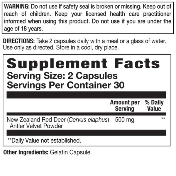 A supplement facts label showing New Zealand Red Deer (Cervus elaphus) Antler Velvet Powder, 500 mg, with serving size of 2 capsules and 30 servings per container. The label includes a warning and directions section at the top, with black text on a white background.