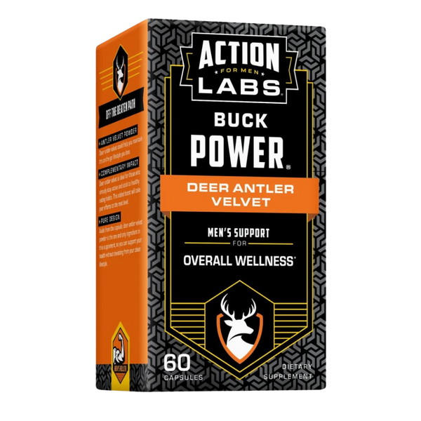 A box of Action Labs Buck Power Deer Antler Velvet dietary supplement capsules, featuring a black and orange design with a geometric pattern.