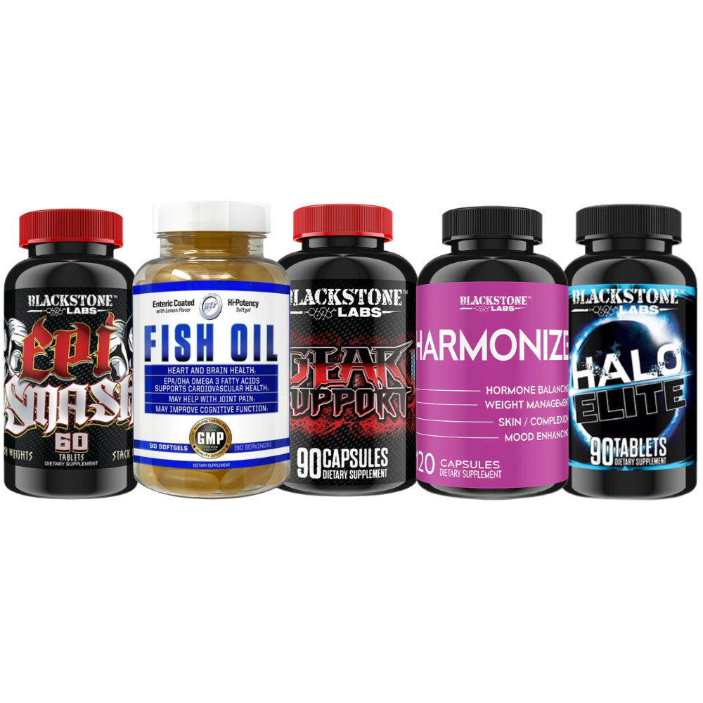 Collection of Blackstone Labs supplement bottles on a white background