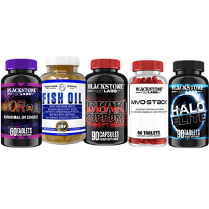 Collection of Blackstone Labs supplement bottles on a white background