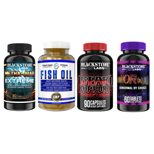 Collection of Blackstone Labs supplement bottles on a white background
