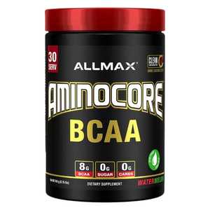 Allmax Nutrition AminoCore BCAA 315 Grams in the watermelon flavor on a white background