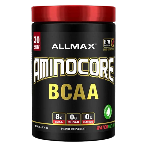 Allmax Nutrition AminoCore BCAA 315 Grams in the watermelon flavor on a white background