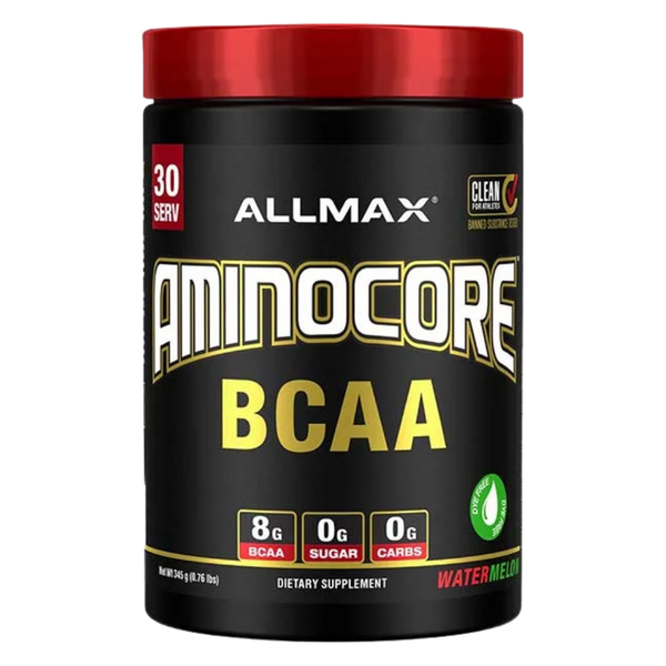 Allmax Nutrition AminoCore BCAA 315 Grams in the watermelon flavor on a white background