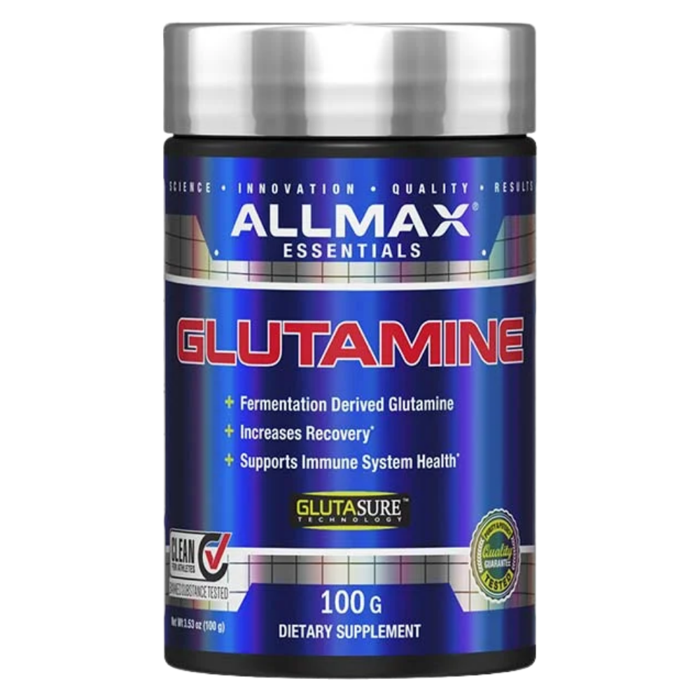 Allmax Essentials Glutamine supplement container on a white background