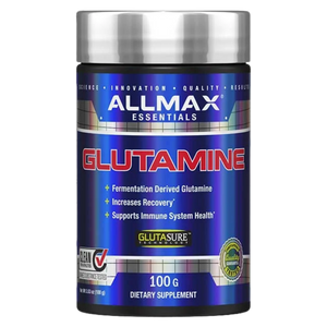 Allmax Essentials Glutamine supplement container on a white background
