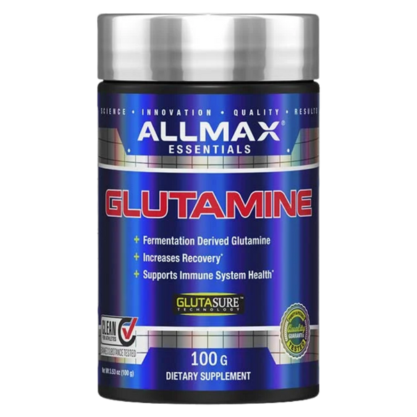 Allmax Essentials Glutamine supplement container on a white background