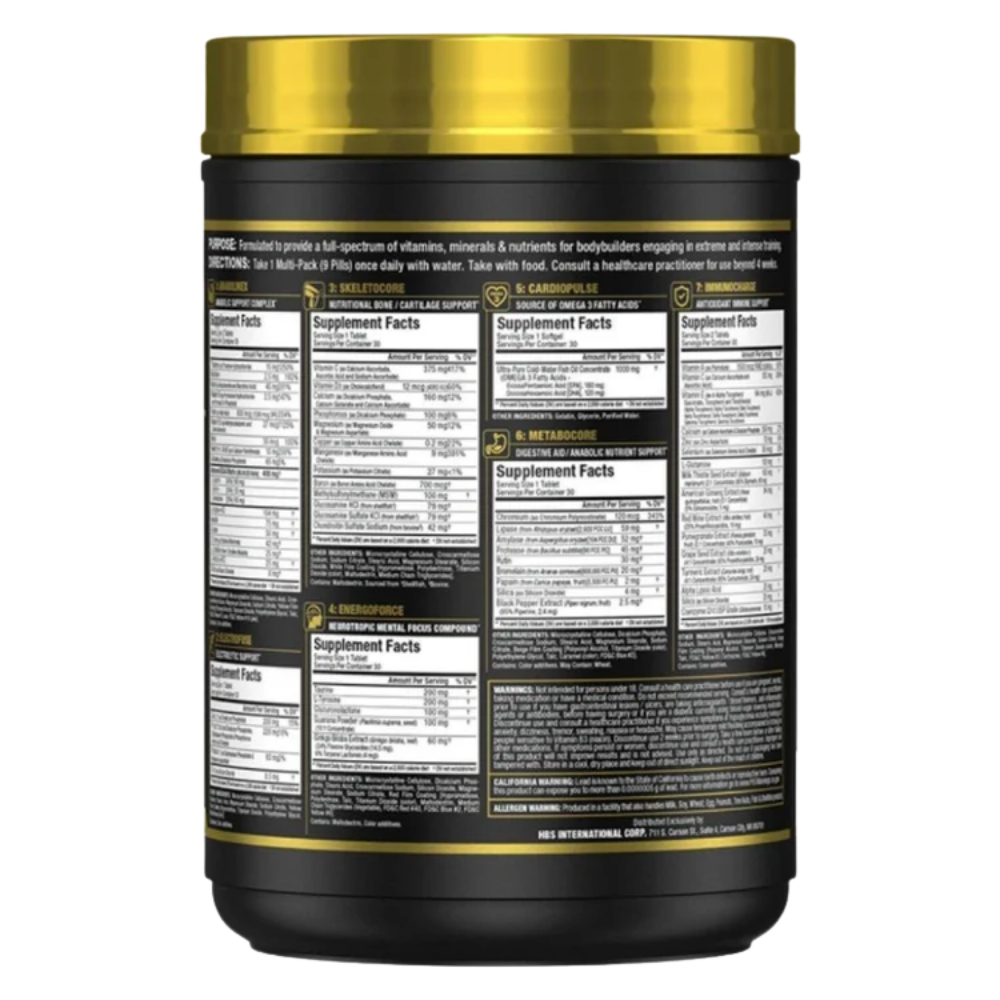 A black plastic tub of a Allmax Vitastack Pill Pack supplement with a metallic gold lid against a white background.
