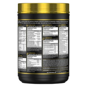 A black plastic tub of a dietary supplement with a metallic gold lid, showing the detailed supplement facts label on the back against a white background.