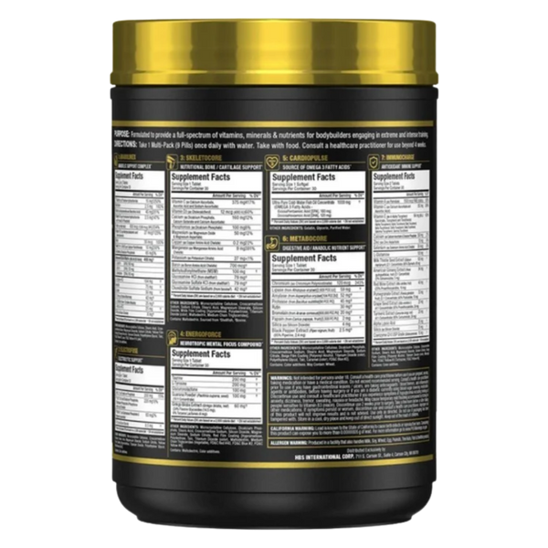 A black plastic tub of a dietary supplement with a metallic gold lid, showing the detailed supplement facts label on the back against a white background.