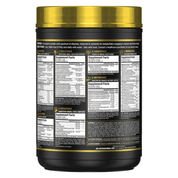 Supplement container with gold lid and detailed label on a white background