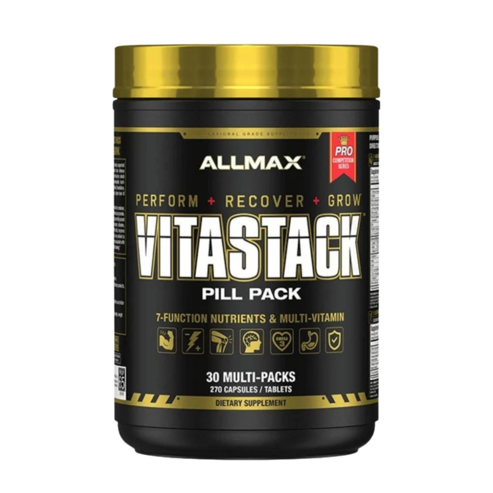 A black plastic tub of a Allmax Vitastack Pill Pack supplement with a metallic gold lid against a white background.