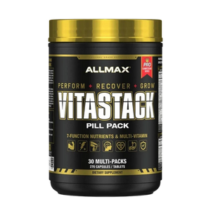 A black plastic tub of a Allmax Vitastack Pill Pack supplement with a metallic gold lid against a white background.