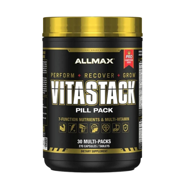 A black plastic tub of a Allmax Vitastack Pill Pack supplement with a metallic gold lid against a white background.
