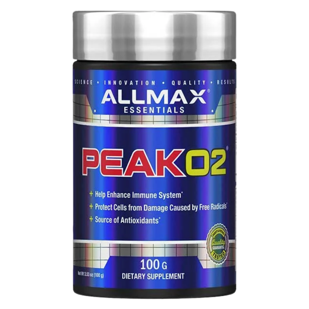 A bottle of ALLMAX ESSENTIALS Peak02 dietary supplement, 100g, featuring a metallic blue and silver label with a silver cap, on a white background.