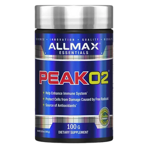 A bottle of ALLMAX ESSENTIALS Peak02 dietary supplement, 100g, featuring a metallic blue and silver label with a silver cap, on a white background.