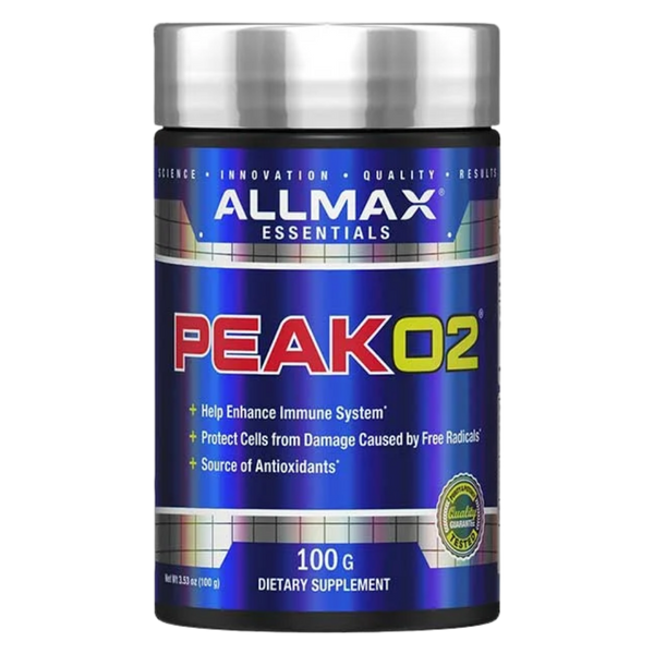 A bottle of ALLMAX ESSENTIALS Peak02 dietary supplement, 100g, featuring a metallic blue and silver label with a silver cap, on a white background.